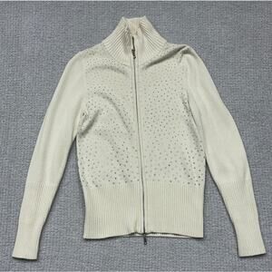 Boston Proper Cream Zip-Up Rhinestone Cardigan with High Ribbed Collar